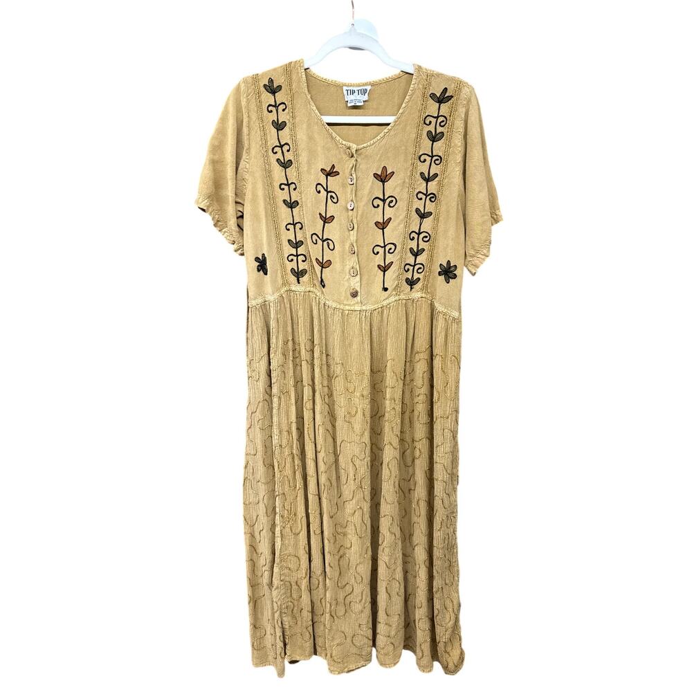 Vintage 90s Tip Top Women Medium Dress Mustard Yellow Floral Embroidered Cottage